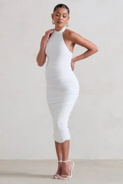 Chrissy | White Maternity Halterneck Ruched Midi Dress -ENY Clothing Shop WB HR CL128471 ChrissyWhiteMaternityHalterneckRuchedMidiDress1