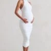 Chrissy | White Maternity Halterneck Ruched Midi Dress