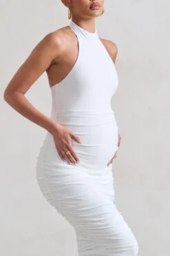 Chrissy | White Maternity Halterneck Ruched Midi Dress -ENY Clothing Shop WB HR CL128471 ChrissyWhiteMaternityHalterneckRuchedMidiDress5