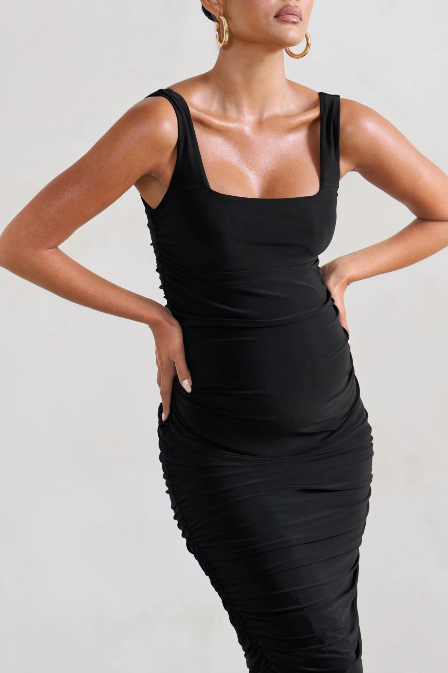 Lisbon | Black Maternity Square Neck Ruched Midi Dress 5 Lisbon | Black Maternity Square Neck Ruched Midi Dress - Image 3