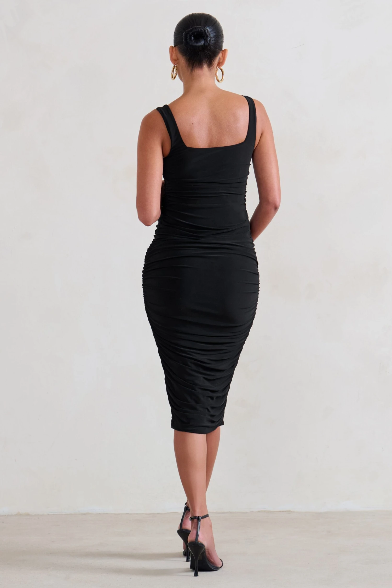 Lisbon | Black Maternity Square Neck Ruched Midi Dress 4 Lisbon | Black Maternity Square Neck Ruched Midi Dress - Image 2