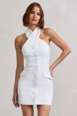 Dani | White Halter Neck Tailored Buttoned Bodycon Mini Dress 11 Dani | White Halter Neck Tailored Buttoned Bodycon Mini Dress -ENY Clothing Shop WB HR CL128487005 DaniWhiteHalterNeckTailoredButtonedBodyconMiniDress5