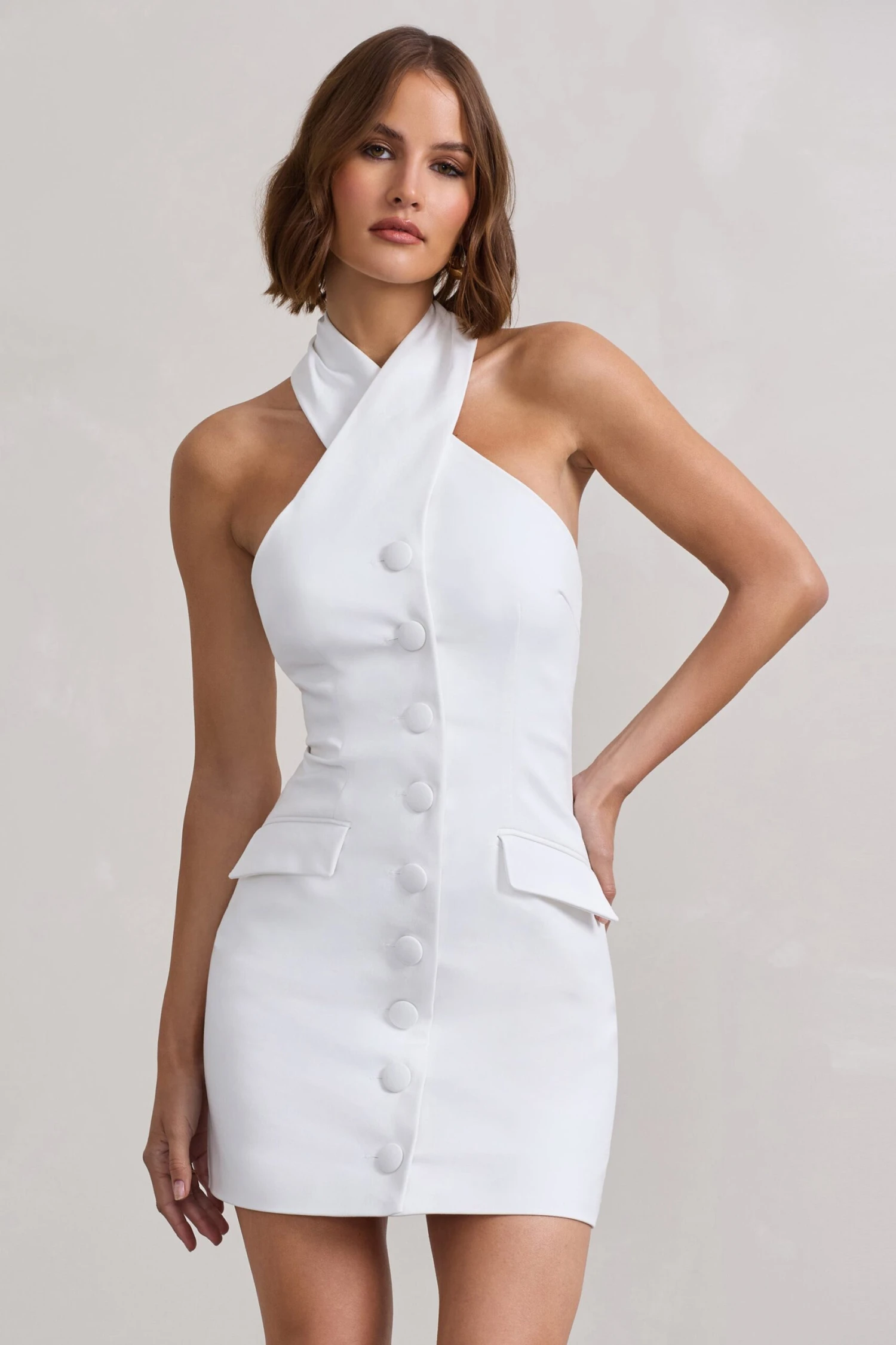 Dani | White Halter Neck Tailored Buttoned Bodycon Mini Dress 6 Dani | White Halter Neck Tailored Buttoned Bodycon Mini Dress - Image 4