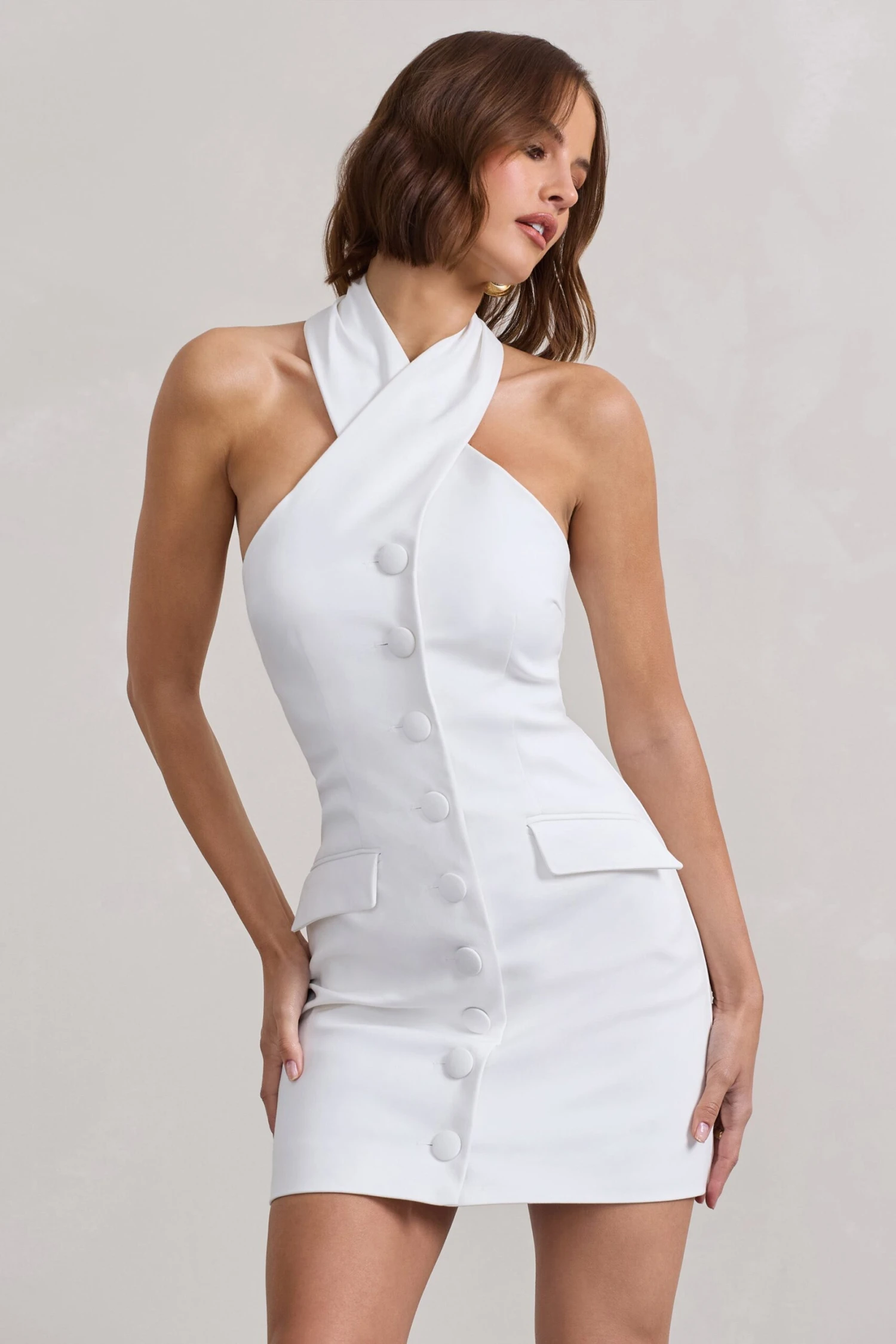 Dani | White Halter Neck Tailored Buttoned Bodycon Mini Dress 7 Dani | White Halter Neck Tailored Buttoned Bodycon Mini Dress - Image 5