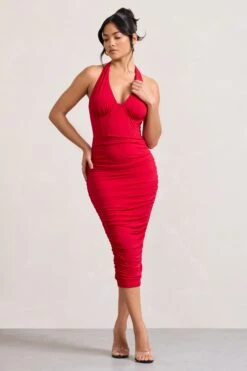 Amy | Red Halter-Neck Corset Ruched Midi Dress -ENY Clothing Shop WB HR CL128700004 AmyRedHalter NeckCorsetRuchedMidiDress0