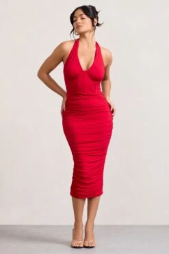 Amy | Red Halter-Neck Corset Ruched Midi Dress -ENY Clothing Shop WB HR CL128700004 AmyRedHalter NeckCorsetRuchedMidiDress4