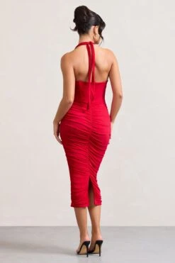 Amy | Red Halter-Neck Corset Ruched Midi Dress -ENY Clothing Shop WB HR CL128700004 AmyRedHalter NeckCorsetRuchedMidiDress7