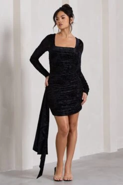 Crimson Cut | Black Velvet Floral Long-Sleeved Ruffled Bodycon Mini Dress -ENY Clothing Shop WB HR CL128705019 CrimsonCutBlackVelvetFloralLong SleevedRuffledBodyconMiniDress2