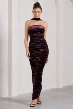 Cayenne | Dark Purple Velvet Halter-Neck Bandeau Maxi Dress -ENY Clothing Shop WB HR CL128779101 CayenneDarkPurpleVelvetHalter NeckBandeauMidiDress1