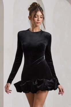Claudine | Black Velvet Long-Sleeved Ruffled Mini Dress -ENY Clothing Shop WB HR CL128798002 ClaudineBlackVelvetLong SleevedRuffledMiniDress2