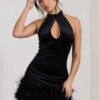 Tillie | Black Velvet High Neck Trapeze Mini Dress With Feather Hem Detail -ENY Clothing Shop WB HR CL128810002 TillieBlackVelvetHighNeckTrapezeMiniDressWithFeatherHemDetail2