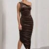 Dorit | Chocolate Velvet One Shoulder Asymmetric Ruched Midi Dress 2 Dorit | Chocolate Velvet One Shoulder Asymmetric Ruched Midi Dress -ENY Clothing Shop WB HR CL128812067 DoritChocolateVelvetOneShoulderAsymmetricRuchedMidiDress2