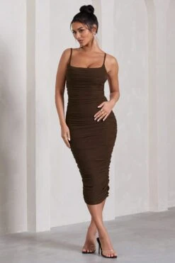 Bree | Chocolate Ruched Mesh Strappy Bodycon Midi Dress -ENY Clothing Shop WB HR CL128821067 BreeChocolateRuchedMeshStrappyBodyconMidiDress1