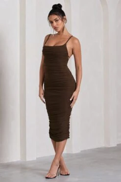 Bree | Chocolate Ruched Mesh Strappy Bodycon Midi Dress -ENY Clothing Shop WB HR CL128821067 BreeChocolateRuchedMeshStrappyBodyconMidiDress4