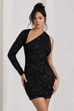 Siren | Black Sequin One Shoulder Bodycon Mini Dress -ENY Clothing Shop WB HR CL128844002 SirenBlackSequinOneShoulderBodyconMiniDress2