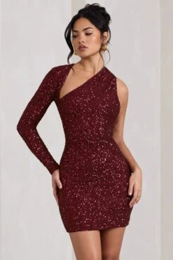 Siren | Burgundy Sequin One Shoulder Bodycon Mini Dress -ENY Clothing Shop WB HR CL128844158 SirenBurgundySequinOneShoulderBodyconMiniDress1