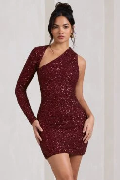 Siren | Burgundy Sequin One Shoulder Bodycon Mini Dress -ENY Clothing Shop WB HR CL128844158 SirenBurgundySequinOneShoulderBodyconMiniDress2