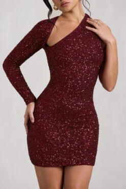 Siren | Burgundy Sequin One Shoulder Bodycon Mini Dress -ENY Clothing Shop WB HR CL128844158 SirenBurgundySequinOneShoulderBodyconMiniDress4