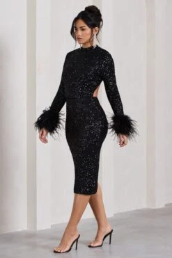 Marilyn | Black Sequin Long-Sleeved Midi Dress With Feather Cuffs -ENY Clothing Shop WB HR CL128858002 MarilynBlackSequinLong SleevedMidiDressWithFeatherCuffs3