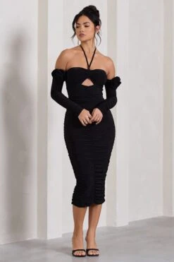 Extra Special | Black Ruched Halter-Neck Midi Dress With Flowers -ENY Clothing Shop WB HR CL128945002 ExtraSpecialBlackRuchedHalter NeckMidiDressWithFlowers2