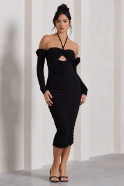 Extra Special | Black Ruched Halter-Neck Midi Dress With Flowers -ENY Clothing Shop WB HR CL128945002 ExtraSpecialBlackRuchedHalter NeckMidiDressWithFlowers3