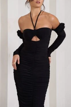 Extra Special | Black Ruched Halter-Neck Midi Dress With Flowers -ENY Clothing Shop WB HR CL128945002 ExtraSpecialBlackRuchedHalter NeckMidiDressWithFlowers4