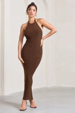 Kirsten | Chocolate Sleeveless Halter-Neck Open-Back Knot Maxi Dress -ENY Clothing Shop WB HR CL128993067 KirstenChocolateSleevelessHalter NeckOpen BackKnotMaxiDress2
