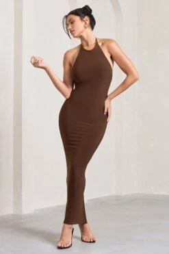 Kirsten | Chocolate Sleeveless Halter-Neck Open-Back Knot Maxi Dress -ENY Clothing Shop WB HR CL128993067 KirstenChocolateSleevelessHalter NeckOpen BackKnotMaxiDress3