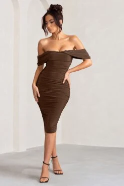 Love Me | Chocolate Off The Shoulders Ruched Midi Dress -ENY Clothing Shop WB HR CL129028 LoveMeChocolateOffTheShouldersRuchedMidiDress2