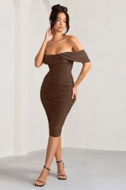 Love Me | Chocolate Off The Shoulders Ruched Midi Dress -ENY Clothing Shop WB HR CL129028 LoveMeChocolateOffTheShouldersRuchedMidiDress3
