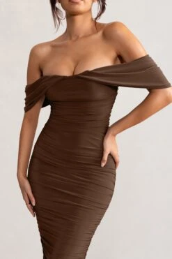 Love Me | Chocolate Off The Shoulders Ruched Midi Dress -ENY Clothing Shop WB HR CL129028 LoveMeChocolateOffTheShouldersRuchedMidiDress4