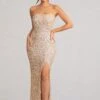 Almira | Champagne Sequin Bandeau Maxi Dress With Split Hem -ENY Clothing Shop WB HR CL129034 AlmiraChampagneSequinBandeauMaxiDressWithSplitHem0