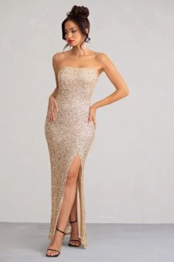 Almira | Champagne Sequin Bandeau Maxi Dress With Split Hem -ENY Clothing Shop WB HR CL129034 AlmiraChampagneSequinBandeauMaxiDressWithSplitHem1