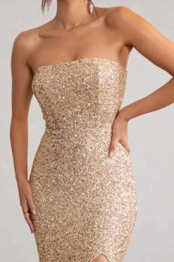Almira | Champagne Sequin Bandeau Maxi Dress With Split Hem -ENY Clothing Shop WB HR CL129034 AlmiraChampagneSequinBandeauMaxiDressWithSplitHem3