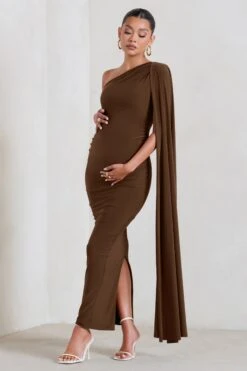 Amaryllis | Chocolate Maternity One Shoulder Maxi Dress With Cape Sleeve 11 Amaryllis | Chocolate Maternity One Shoulder Maxi Dress With Cape Sleeve -ENY Clothing Shop WB HR CL129202 AmaryllisChocolateMaternityOneShoulderMaxiDresswithCapeSleeve1