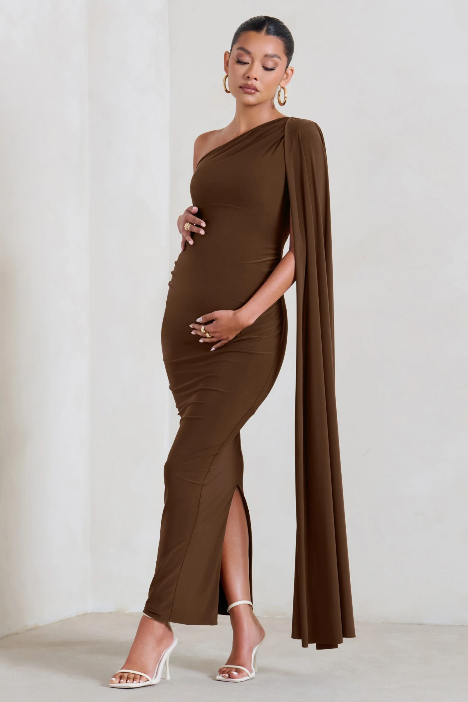 Amaryllis | Chocolate Maternity One Shoulder Maxi Dress With Cape Sleeve 7 Amaryllis | Chocolate Maternity One Shoulder Maxi Dress With Cape Sleeve - Image 5