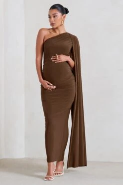 Amaryllis | Chocolate Maternity One Shoulder Maxi Dress With Cape Sleeve 10 Amaryllis | Chocolate Maternity One Shoulder Maxi Dress With Cape Sleeve -ENY Clothing Shop WB HR CL129202 AmaryllisChocolateMaternityOneShoulderMaxiDresswithCapeSleeve3