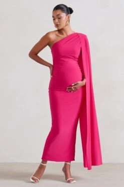 Amaryllis | Hot Pink Maternity One Shoulder Maxi Dress With Cape Sleeve -ENY Clothing Shop WB HR CL129202 AmaryllisHotPinkMaternityOneShoulderMaxiDresswithCapeSleeve2