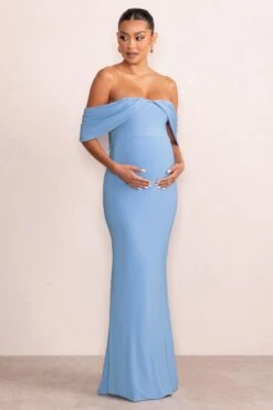 Asha | Powder Blue Draped Sleeve Bardot Maternity Maxi Dress -ENY Clothing Shop WB HR CL129205 AshaPowderBlueDrapedBardotMaternityMaxiDress0 e0177099 46ef 4bb5 b3dc 1869d68256d7