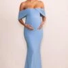 Asha | Powder Blue Draped Sleeve Bardot Maternity Maxi Dress