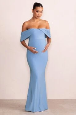Asha | Powder Blue Draped Sleeve Bardot Maternity Maxi Dress