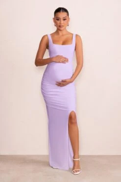 Avril | Lilac Square Neck Maternity Maxi Dress With Split -ENY Clothing Shop WB HR CL129206 AvrilWhiteSquareNeckMaternityMaxiDresswithSplit2