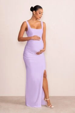 Avril | Lilac Square Neck Maternity Maxi Dress With Split