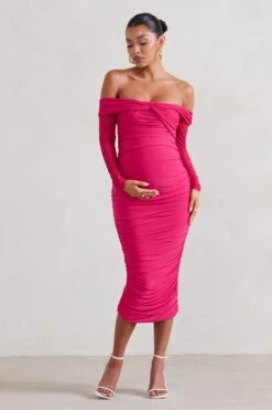 Neva | Hot Pink Bardot Twist Maternity Midi Dress -ENY Clothing Shop WB HR CL129223 NevaHotPinkBardotTwistMaternityMidiDress0