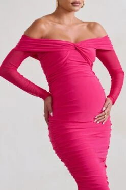 Neva | Hot Pink Bardot Twist Maternity Midi Dress -ENY Clothing Shop WB HR CL129223 NevaHotPinkBardotTwistMaternityMidiDress5