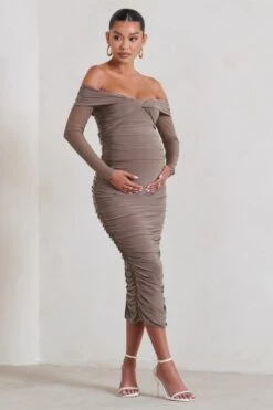 Neva | Mocha Bardot Twist Maternity Midi Dress -ENY Clothing Shop WB HR CL129223 NevaMochaBardotTwistMaternityMidiDress3