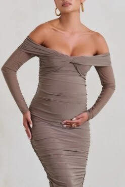 Neva | Mocha Bardot Twist Maternity Midi Dress -ENY Clothing Shop WB HR CL129223 NevaMochaBardotTwistMaternityMidiDress5