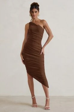 Dorit | Chocolate One Shoulder Asymmetric Ruched Midi Dress -ENY Clothing Shop WB HR CL129293 DoritChocolateOneShoulderAsymmetricRuchedMidiDress1