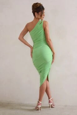 Dorit | Light Green One Shoulder Asymmetric Ruched Midi Dress -ENY Clothing Shop WB HR CL129293 DoritLightGreenOneShoulderAsymmetricRuchedMidiDress5