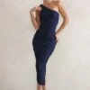 Dorit | Navy One Shoulder Asymmetric Ruched Midi Dress 2 Dorit | Navy One Shoulder Asymmetric Ruched Midi Dress -ENY Clothing Shop WB HR CL129293 DoritNavyOneShoulderAsymmetricRuchedMidiDress1